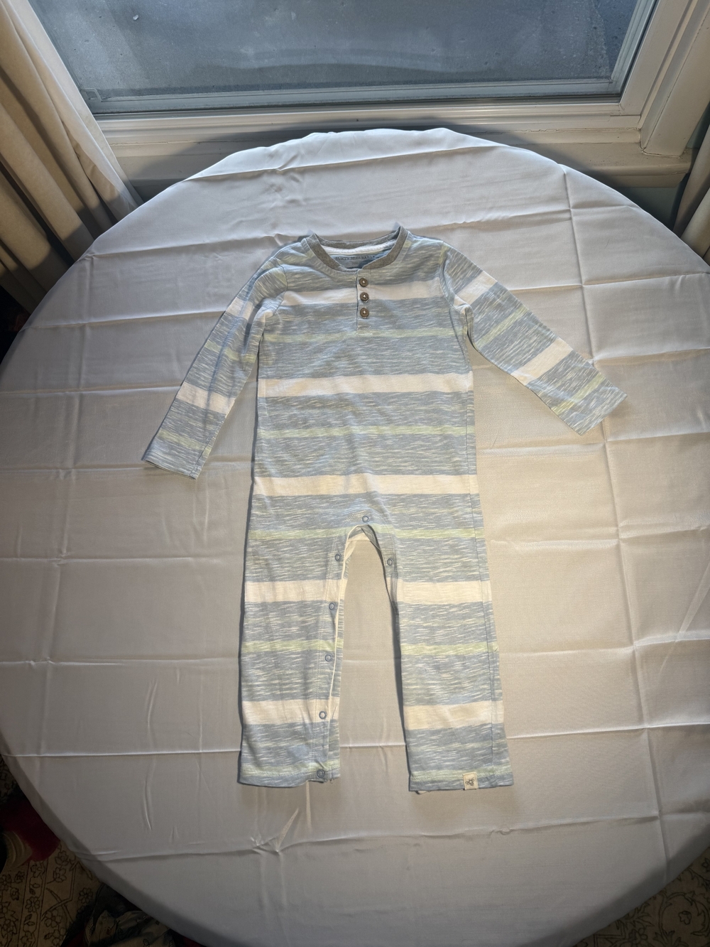 Burt's Bees Baby Blue, White & Light Green Striped Long Sleeve Romper